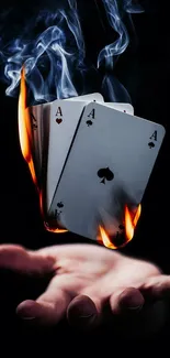 Hand holding flaming playing cards on a dark background.