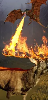 Deer with flaming antlers and dragon in a mystical setting.