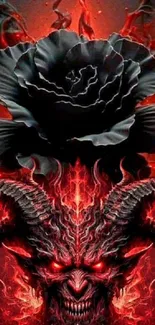 Fiery demon with black rose wallpaper art.