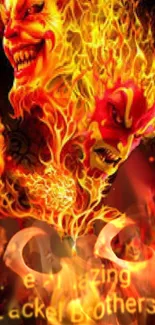 Fiery demon faces with blazing flames in vivid orange hues.