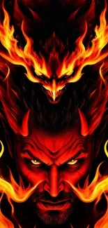 Fiery demon with flames and intense expression on a dark background wallpaper.