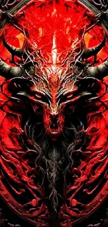 Fiery demon artwork with dark horns and intense red background.