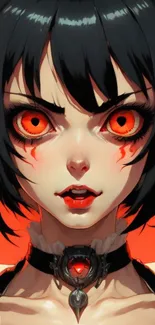 Anime-inspired demon with fiery eyes and horns on red background.