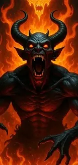 Fiery horned demon with flames background.