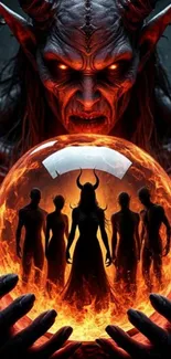 Fiery demon art with dark shades and mystical figures in a mobile wallpaper.