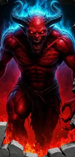 Fiery demon breaking through a wall of rubble.