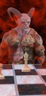 Demonic figure and chess pieces in fiery battle scene on marble board.