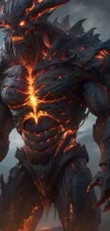 Fiery demon creature with glowing cracks and dark background.