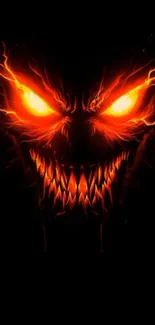 Fiery demon face with glowing eyes on black background.