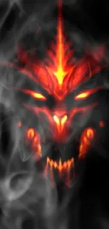 Fiery demon face with red glowing eyes amid swirling smoke.