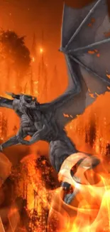 Fiery demon with wings in a blazing forest scene.