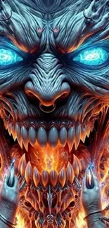 Fiery demon with glowing blue eyes and a dramatic fantasy backdrop.