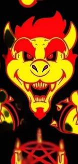 Fiery demon graphic with red and yellow flames on a black background.