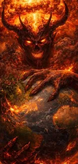 Demonic figure holding Earth in fiery background.
