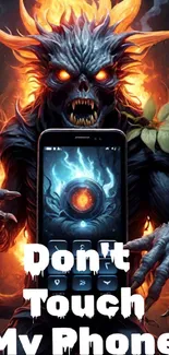 Fiery demon holding phone with warning text.