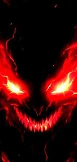 Fiery demon face with glowing red eyes on dark mobile wallpaper.