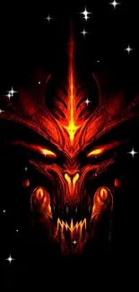 Fiery demon face with glowing eyes on black background wallpaper.