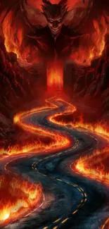 Fiery road with demon looming above, surrounded by flames.