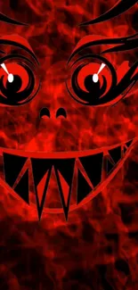 Fiery demon face with sharp teeth and intense eyes on a red background.