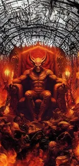 Demonic figure on fiery throne with flames surrounding.