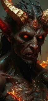 Demon with fiery eyes and horns surrounded by flames.