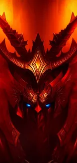 Fiery demon warrior with intricate armor and glowing eyes on a red background.