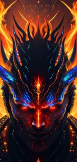 Fiery demonic face with blue horns and flames on a dark background.