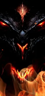 Fiery demonic face with red eyes and black background for phone wallpaper.