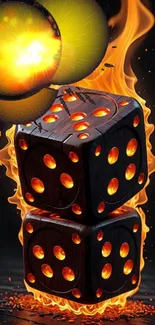 Fiery dice with explosive orbs and flames in a vibrant artwork.