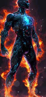 Humanoid figure in vibrant fiery flames digital art wallpaper.