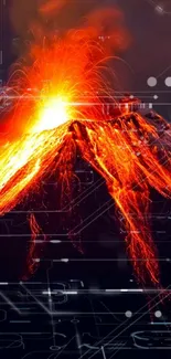 Fiery digital volcano eruption with abstract lines.