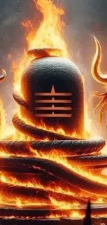 Fiery Shiva Lingam encircled by flames and a trident.