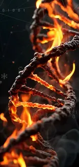 A fiery DNA helix against a black backdrop with abstract digital elements.
