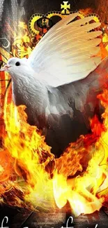 Artistic mobile wallpaper with a dove in fiery flames.