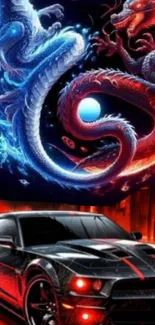 Dynamic wallpaper with fiery dragons entwined above a sleek black car.