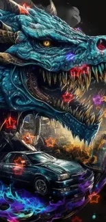 Blue dragon and car with fiery neon effects on wallpaper.