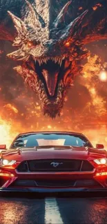 Fiery dragon looming over a sleek sports car with intense flames.