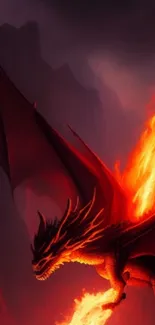 Fiery dragon soaring over dark mountainous landscape.