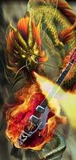 Wallpaper of a fiery dragon with a red guitar engulfed in flames.