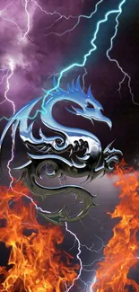 Metallic dragon with fire and lightning effects in vivid colors.