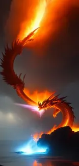 Fiery dragon soaring over a mystical, colorful landscape with dramatic skies.