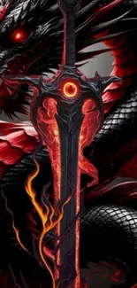 Fiery dragon intertwined with a flaming sword on a fantasy themed wallpaper.