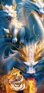 Mystical dragon and tiger in vibrant color art.