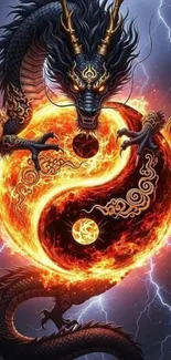 Fiery dragon encircling a blazing yin yang symbol.
