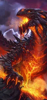 Vibrant illustration of a fierce dragon surrounded by flames and lava.