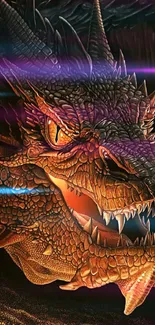 A detailed dragon head illustration with fiery orange hues dominating the background.