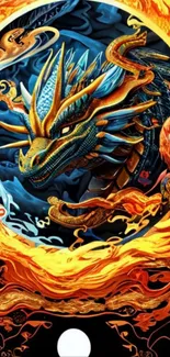 Fiery dragon with vibrant colors in an artistic wallpaper design.