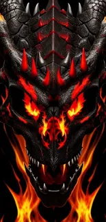 Fierce dragon with red eyes surrounded by flames on a dark background.