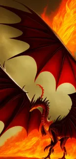 A fierce dragon with fiery wings in a vibrant red and orange digital art scene.