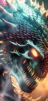 Detailed fiery dragon with glowing eyes and vibrant scales.